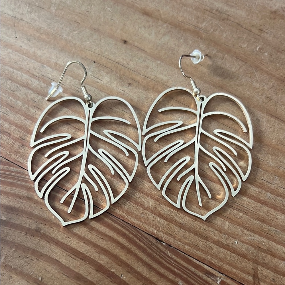 Gold tone monsterra Leaf Shaped Earrings